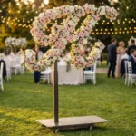 Monogram letter H topiary covered in flowers as a photo backdrop at a garden wedding