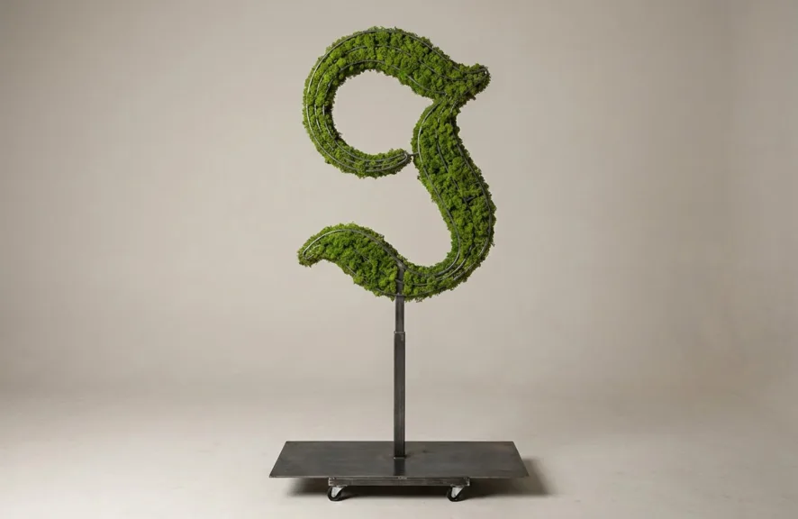 Monogram letter I topiary in Custom style, packed with green moss, on an adjustable stand