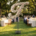 Monogram letter I topiary covered in flowers as a photo backdrop at a garden wedding