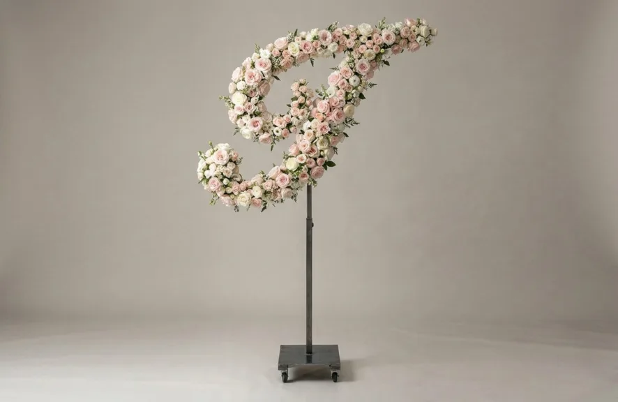 Monogram letter I topiary in script style, covered in pink and white roses