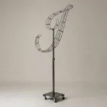 Monogram letter J topiary frame in Flowing script style, bare galvanized steel on an adjustable stand
