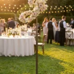 Monogram letter J topiary covered in flowers as a photo backdrop at a garden wedding