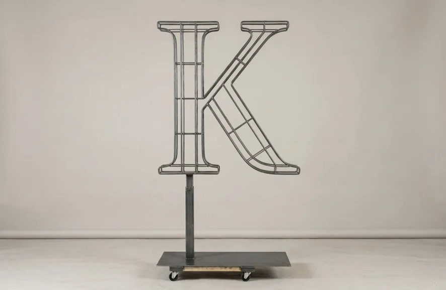 Monogram letter K topiary frame in Cinzel style, bare galvanized steel on an adjustable stand