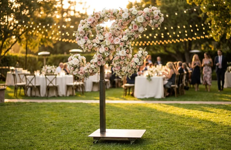 Monogram letter K topiary covered in flowers as a photo backdrop at a garden wedding