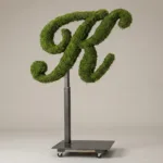 Monogram letter K topiary in Script style, packed with green moss, on an adjustable stand
