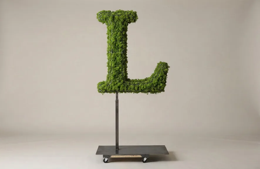 Monogram letter L topiary in Roman style, packed with green moss, on an adjustable stand