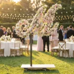 Monogram letter M topiary covered in flowers as a photo backdrop at a garden wedding