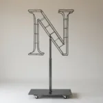 Monogram letter N topiary frame in Roman style, bare galvanized steel on an adjustable stand