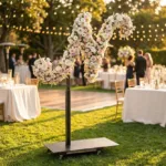 Monogram letter N topiary covered in flowers as a photo backdrop at a garden wedding