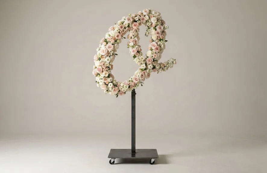 Monogram letter O topiary in script style, covered in pink and white roses
