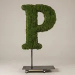 Monogram letter P topiary in Cinzel style, packed with green moss, on an adjustable stand