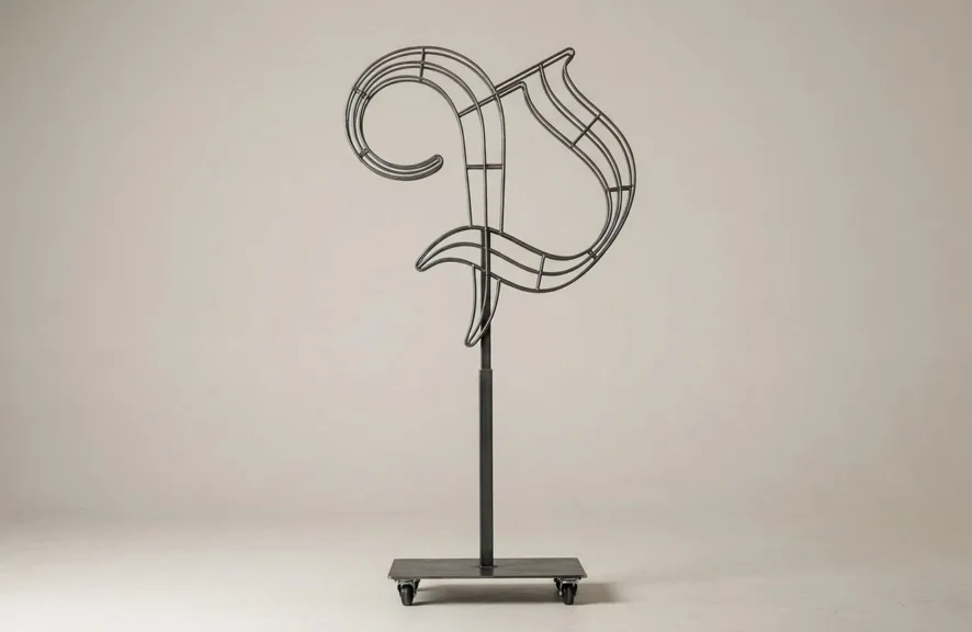 Monogram letter P topiary frame in Custom style, bare galvanized steel on an adjustable stand