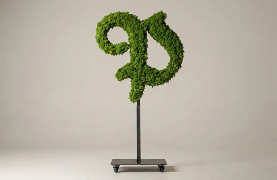 Monogram letter P topiary in Custom style, packed with green moss, on an adjustable stand