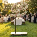 Monogram letter P topiary covered in flowers as a photo backdrop at a garden wedding