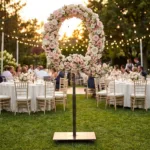 Monogram letter Q topiary covered in flowers as a photo backdrop at a garden wedding