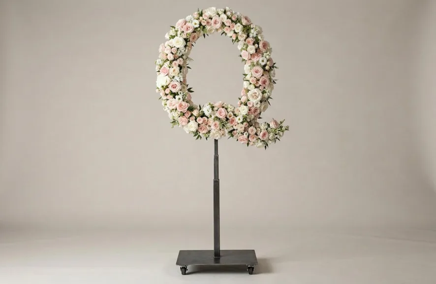 Monogram letter Q topiary in script style, covered in pink and white roses