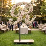 Monogram letter R topiary covered in flowers as a photo backdrop at a garden wedding