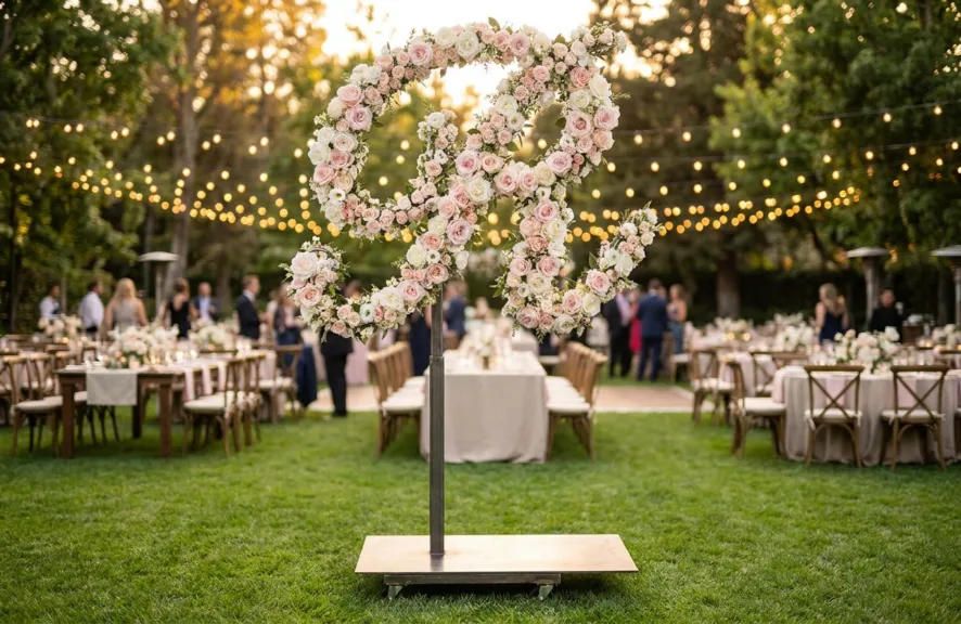 Monogram letter R topiary covered in flowers as a photo backdrop at a garden wedding