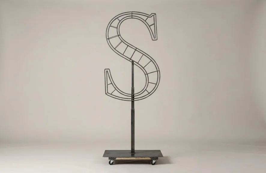 Monogram letter S topiary frame in Roman style, bare galvanized steel on an adjustable stand