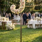 Monogram letter S topiary covered in flowers as a photo backdrop at a garden wedding