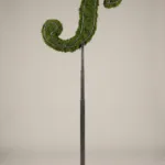Monogram letter S topiary in Script style, packed with green moss, on an adjustable stand