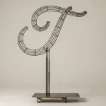 Monogram letter T topiary frame in Flowing script style, bare galvanized steel on an adjustable stand