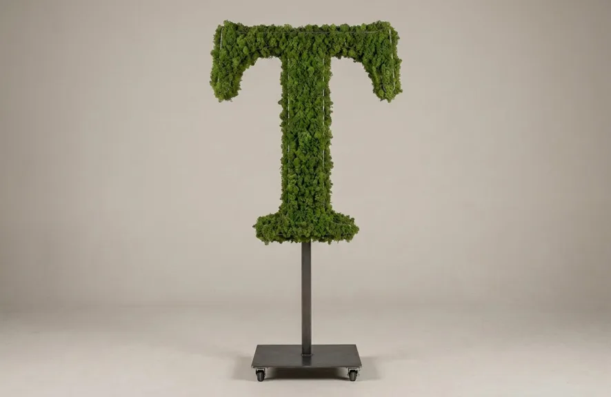 Monogram letter T topiary in Roman style, packed with green moss, on an adjustable stand
