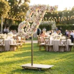 Monogram letter T topiary covered in flowers as a photo backdrop at a garden wedding