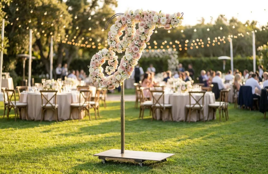 Monogram letter T topiary covered in flowers as a photo backdrop at a garden wedding