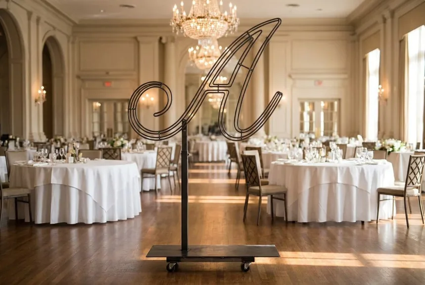 A steel script letter A topiary frame on a wheeled stand in a hotel ballroom