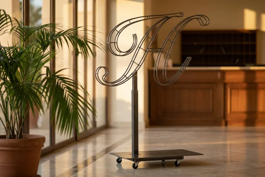 A steel script letter H topiary frame on its stand inside a hotel lobby