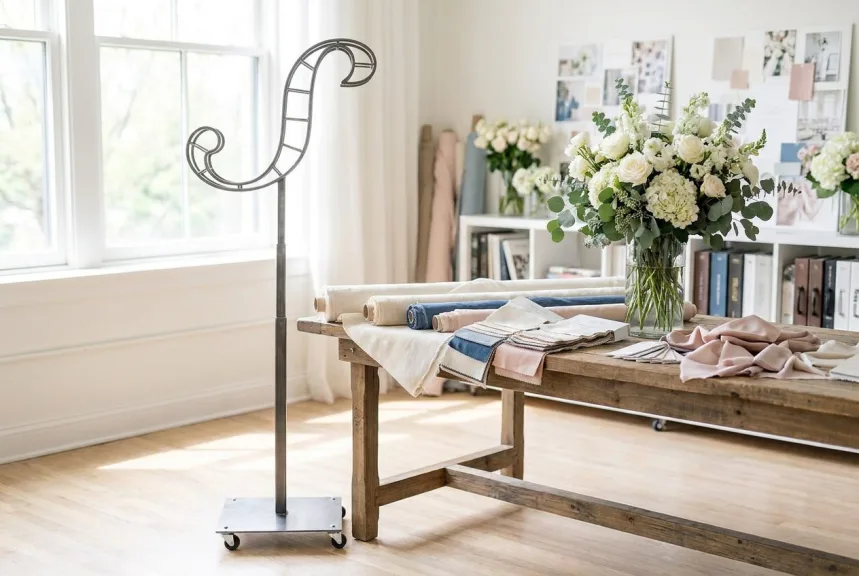 A tall steel script letter S topiary frame on its stand in a bright studio