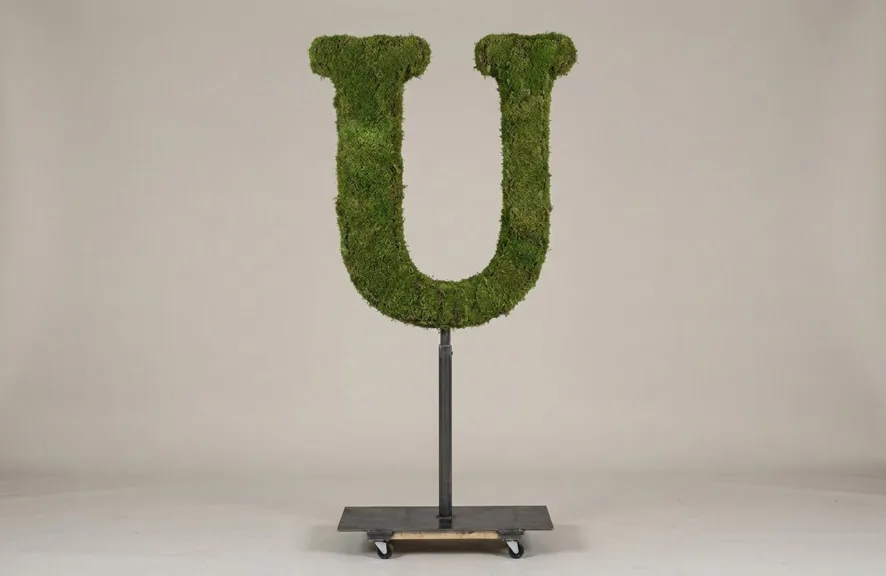 Monogram letter U topiary in Cinzel style, packed with green moss, on an adjustable stand