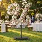 Monogram letter U topiary covered in flowers as a photo backdrop at a garden wedding