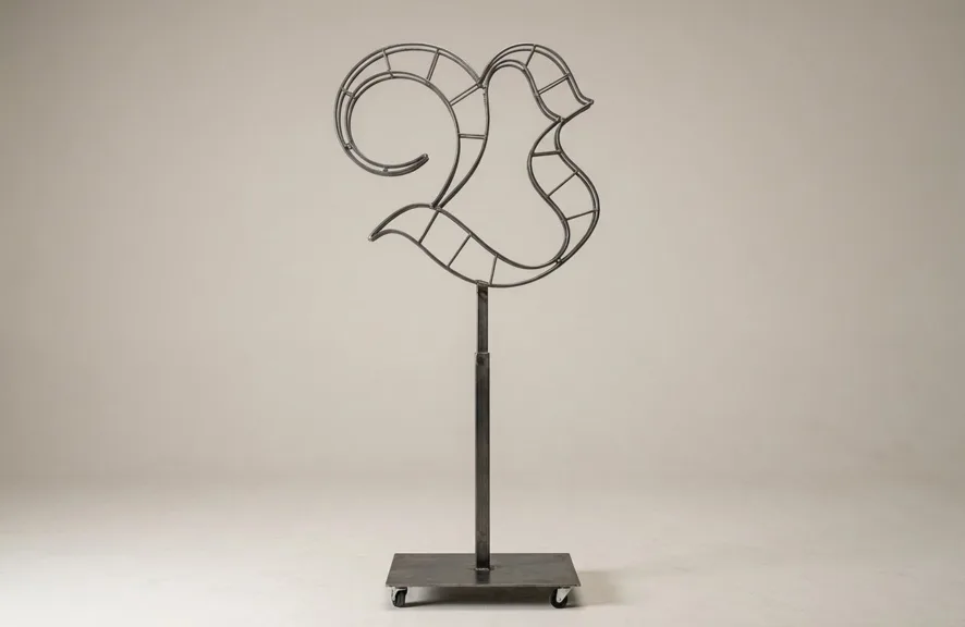 Monogram letter V topiary frame in Custom style, bare galvanized steel on an adjustable stand