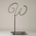 Monogram letter W topiary frame in Flowing script style, bare galvanized steel on an adjustable stand