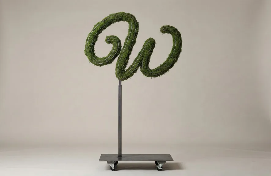 Monogram letter W topiary in Flowing script style, packed with green moss, on an adjustable stand