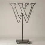 Monogram letter W topiary frame in Roman style, bare galvanized steel on an adjustable stand