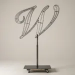 Monogram letter W topiary frame in Script style, bare galvanized steel on an adjustable stand