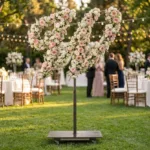 Monogram letter W topiary covered in flowers as a photo backdrop at a garden wedding