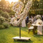 Monogram letter Y topiary covered in flowers as a photo backdrop at a garden wedding