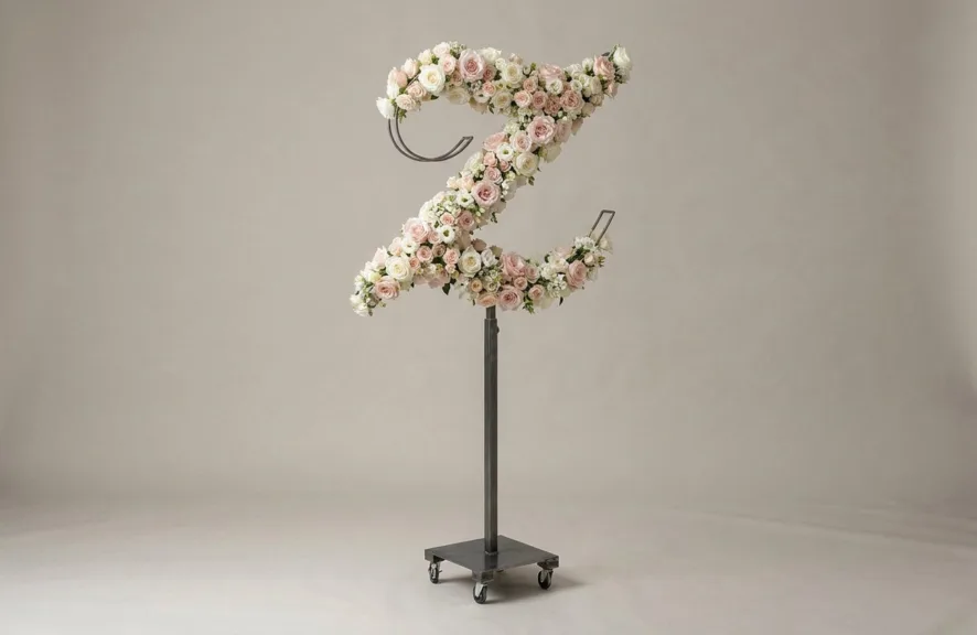 Monogram letter Z topiary in script style, covered in pink and white roses