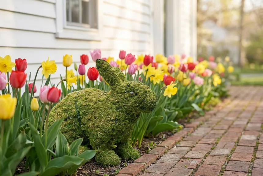 A moss covered hopping rabbit topiary sitting in a spring bed of tulips and daffodils