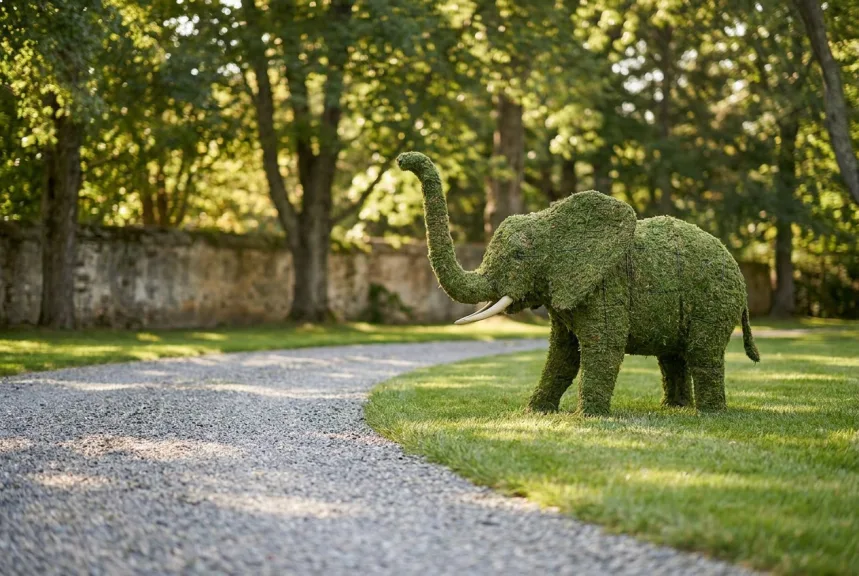 A large moss covered elephant topiary on a lawn beside a gravel drive