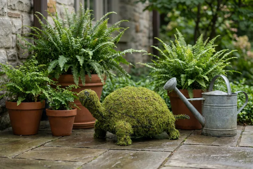 A moss covered turtle topiary on patio flagstones beside a watering can and ferns