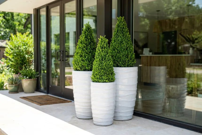 A set of three tall white glazed planters with wavy ridges at a hotel entrance