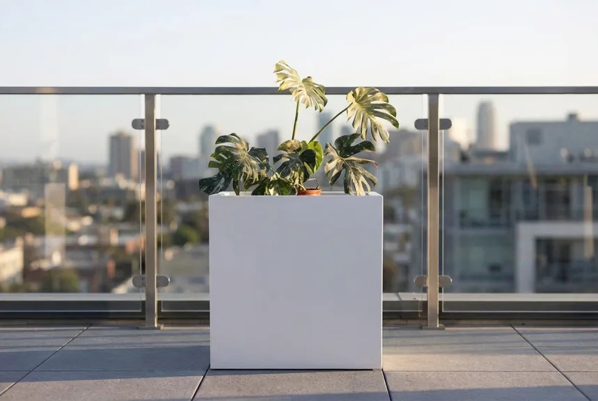 A white square fiberglass cube planter on a rooftop terrace above a city skyline