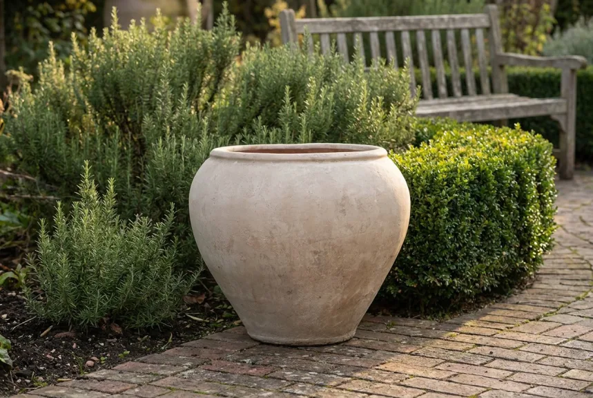 An empty wide-bellied stone-colored jar planter on a brick garden terrace