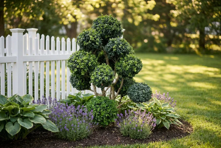 A boxwood cloud topiary planted at the center of a garden bed edged with lavender