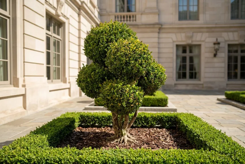 A large multi-stem boxwood pom pom tree in a mulched bed in a stone hotel courtyard